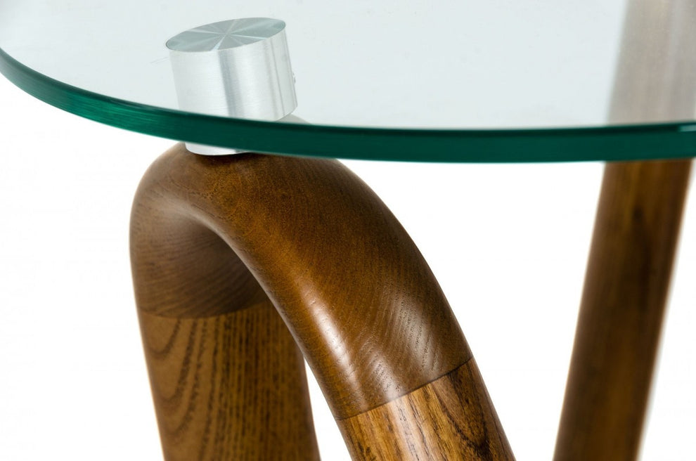 Walnut And Clear Glass Solid Wood Ribbon Base Round End Table By Homeroots | End Tables | Modishstore - 3