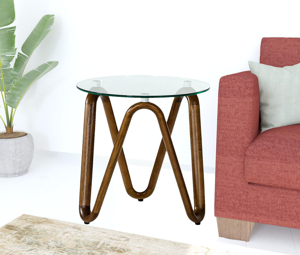 Walnut And Clear Glass Solid Wood Ribbon Base Round End Table By Homeroots | End Tables | Modishstore - 2