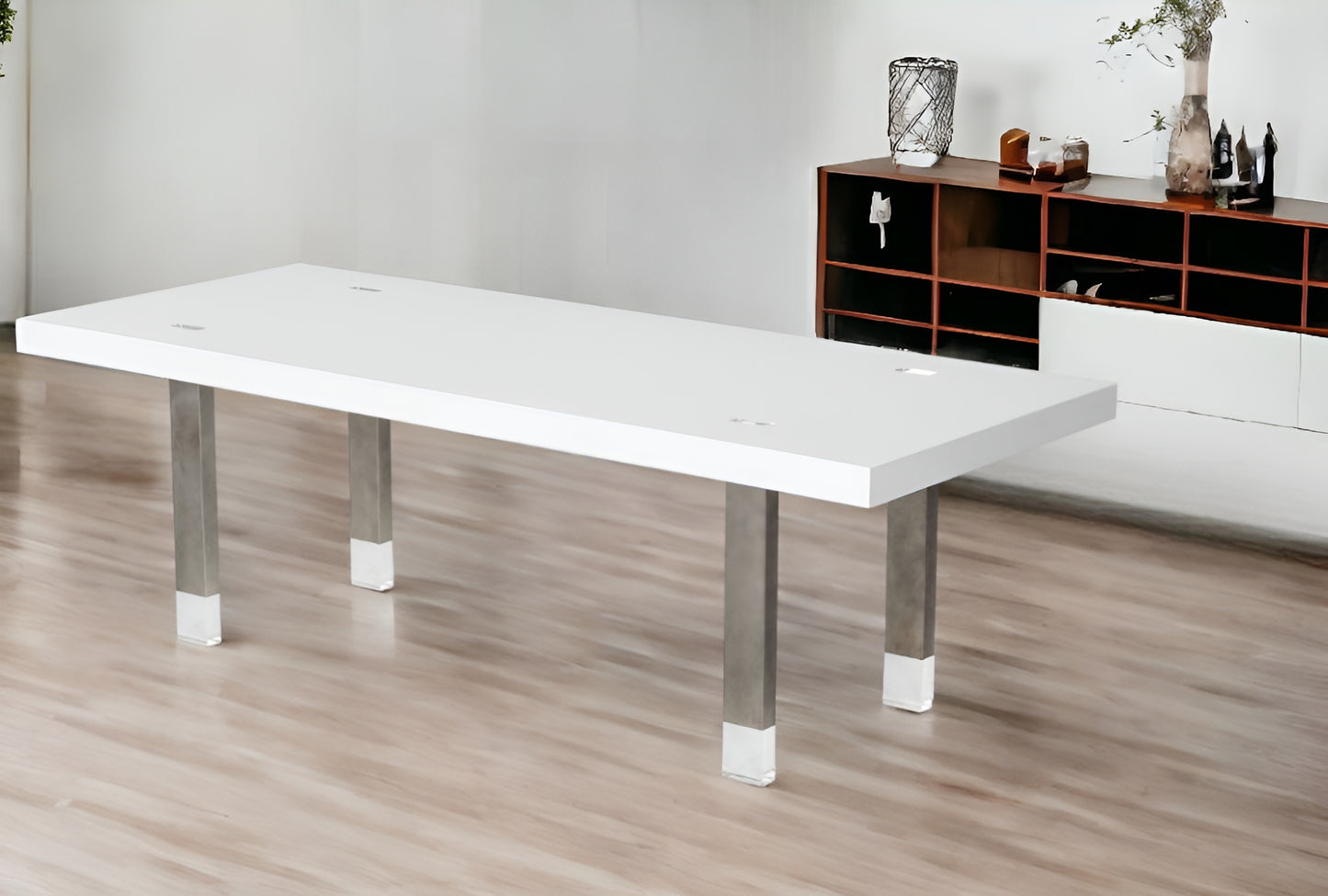 White And Gray Stainless Steel Dining Table By Homeroots | Dining Tables | Modishstore - 1