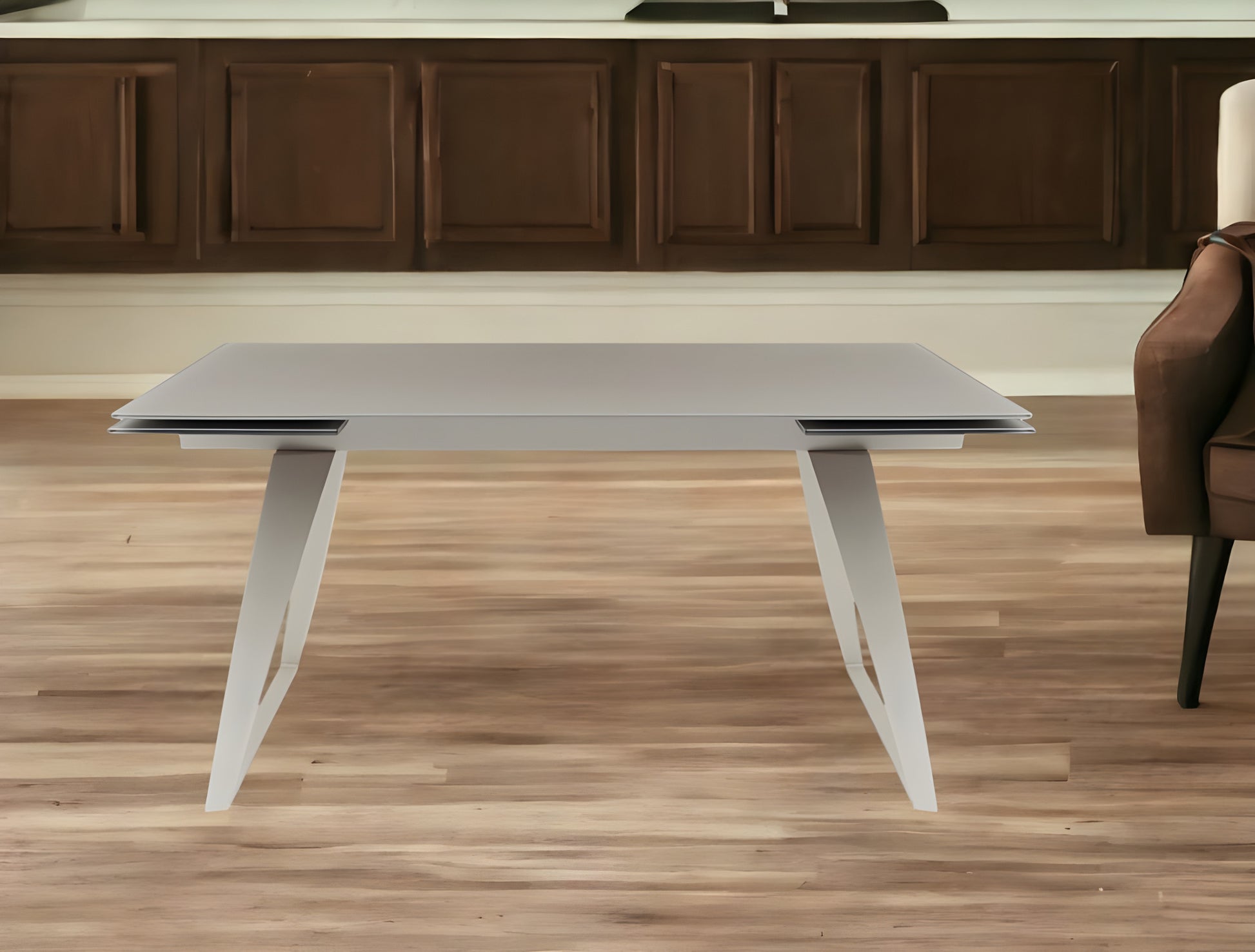 Gray Glass And Metal Self-Storing Leaf Sled Base Dining Table By Homeroots | Dining Tables | Modishstore - 8