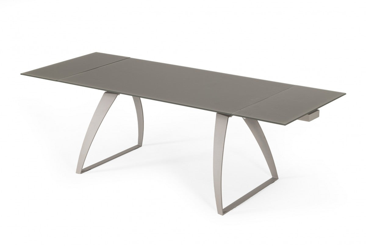 Gray Glass And Metal Self-Storing Leaf Sled Base Dining Table By Homeroots | Dining Tables | Modishstore - 5