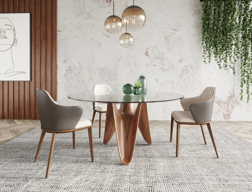 Clear And Brown Rounded Glass And Solid Manufactured Wood Pedestal Base Dining Table By Homeroots | Dining Tables | Modishstore - 3