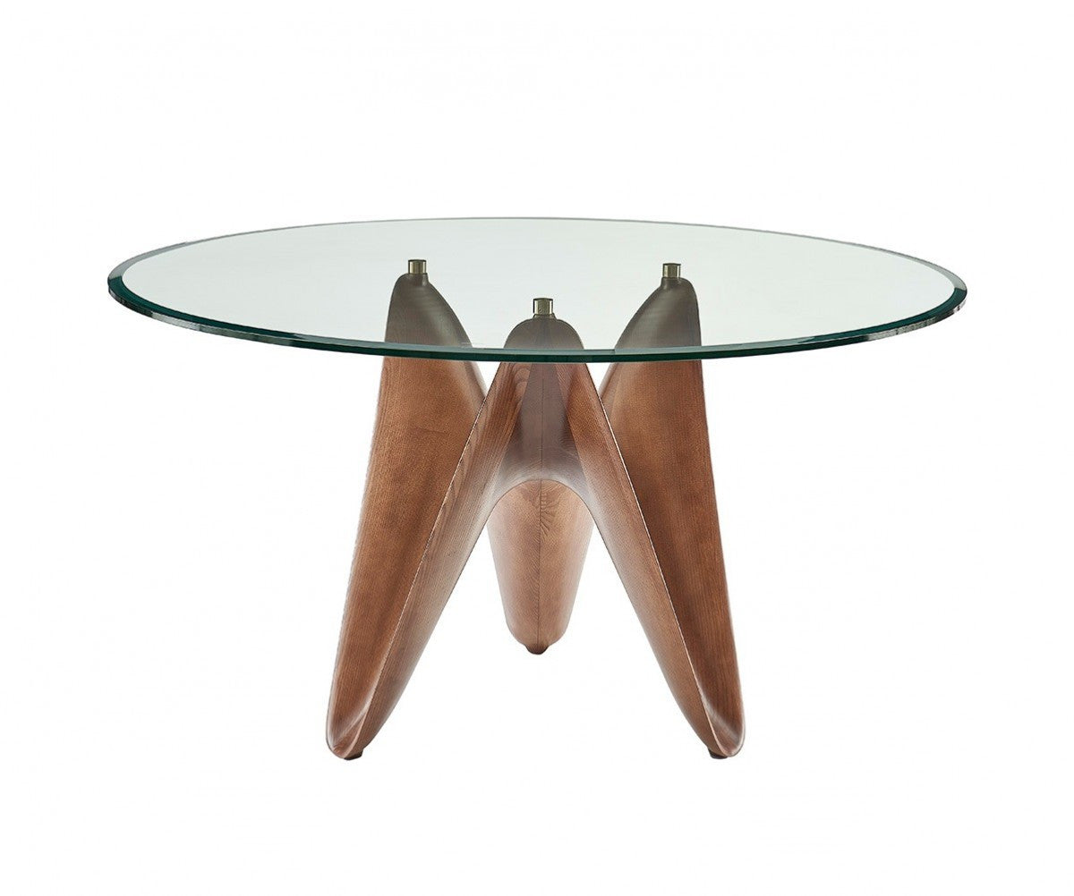 Clear And Brown Rounded Glass And Solid Manufactured Wood Pedestal Base Dining Table By Homeroots | Dining Tables | Modishstore - 1