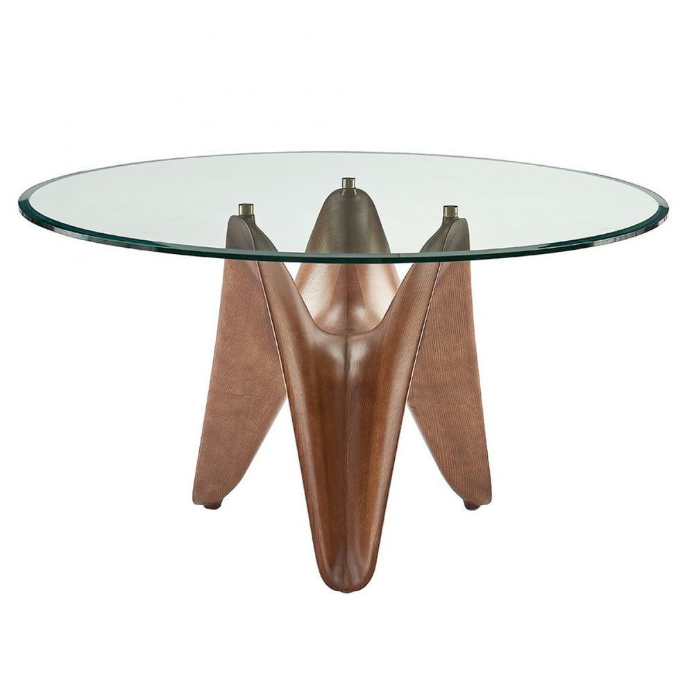 Clear And Brown Rounded Glass And Solid Manufactured Wood Pedestal Base Dining Table By Homeroots | Dining Tables | Modishstore - 5