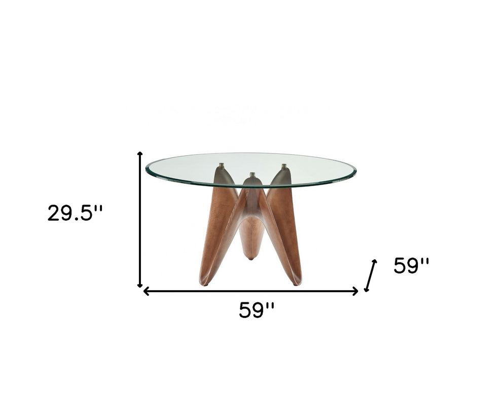 Clear And Brown Rounded Glass And Solid Manufactured Wood Pedestal Base Dining Table By Homeroots | Dining Tables | Modishstore - 4