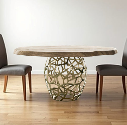 Acacia Live Edge Rounded Solid Wood And Brass Dining Table By Homeroots | Dining Tables | Modishstore - 1