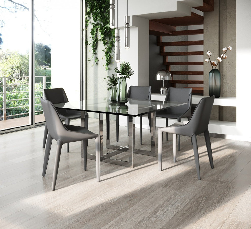 Clear And Gunmetal Square Glass And Stainless Steel Pedestal Base Dining Table By Homeroots | Dining Tables | Modishstore - 6