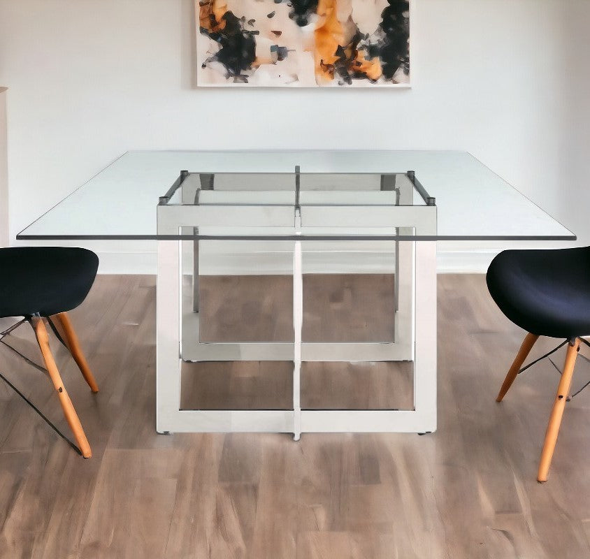 Clear And Gunmetal Square Glass And Stainless Steel Pedestal Base Dining Table By Homeroots | Dining Tables | Modishstore - 2