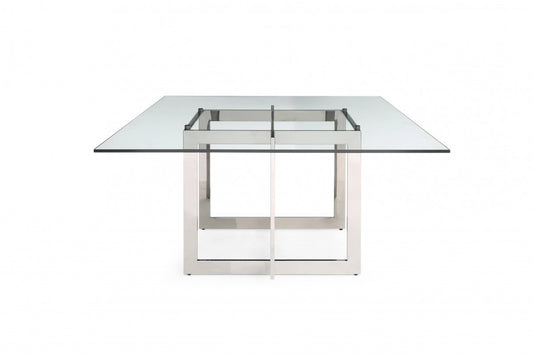 Clear And Gunmetal Square Glass And Stainless Steel Pedestal Base Dining Table By Homeroots | Dining Tables | Modishstore - 1