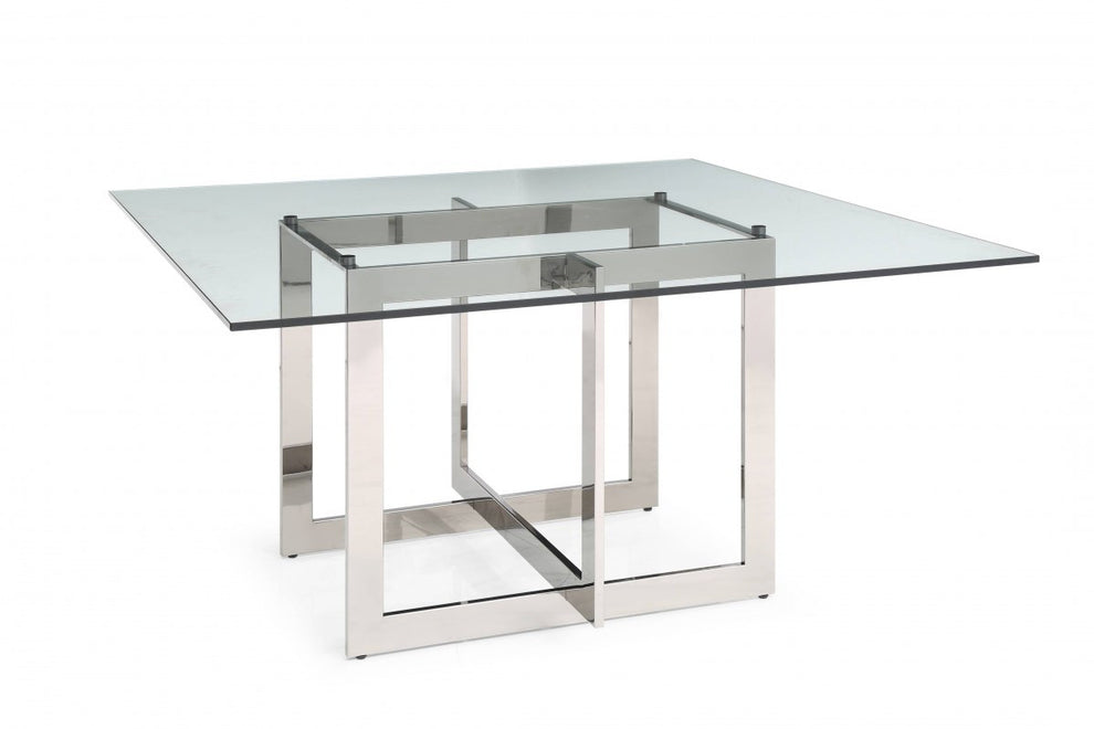 Clear And Gunmetal Square Glass And Stainless Steel Pedestal Base Dining Table By Homeroots | Dining Tables | Modishstore - 3
