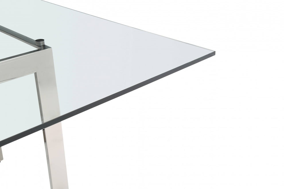 Clear And Gunmetal Square Glass And Stainless Steel Pedestal Base Dining Table By Homeroots | Dining Tables | Modishstore - 4
