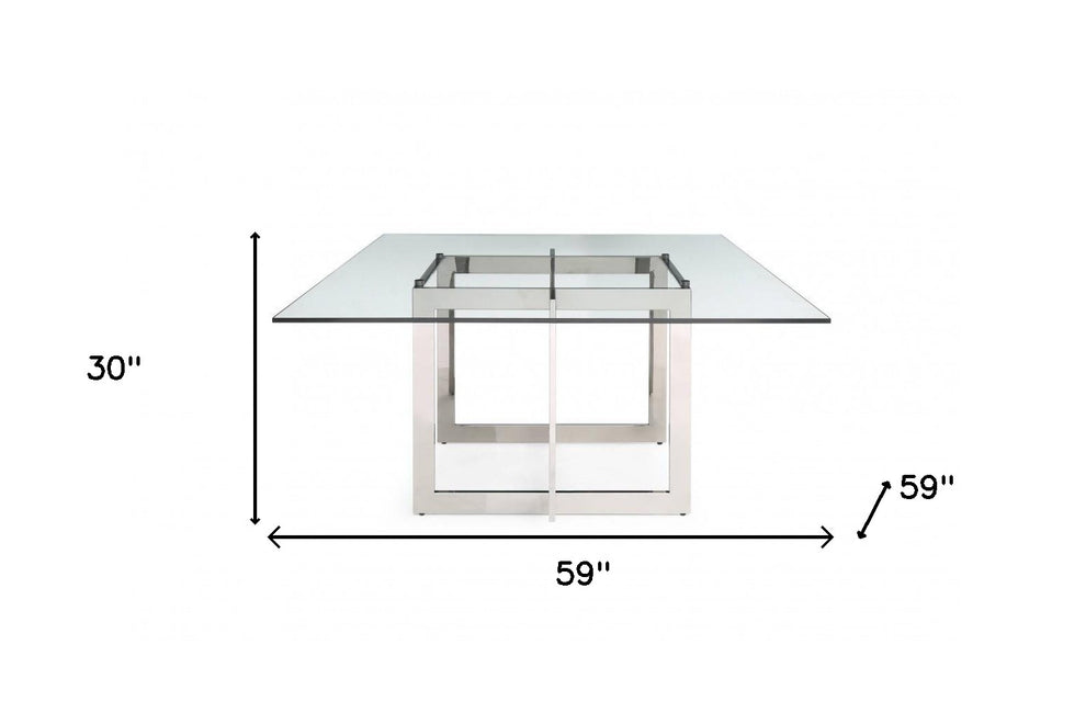 Clear And Gunmetal Square Glass And Stainless Steel Pedestal Base Dining Table By Homeroots | Dining Tables | Modishstore - 7