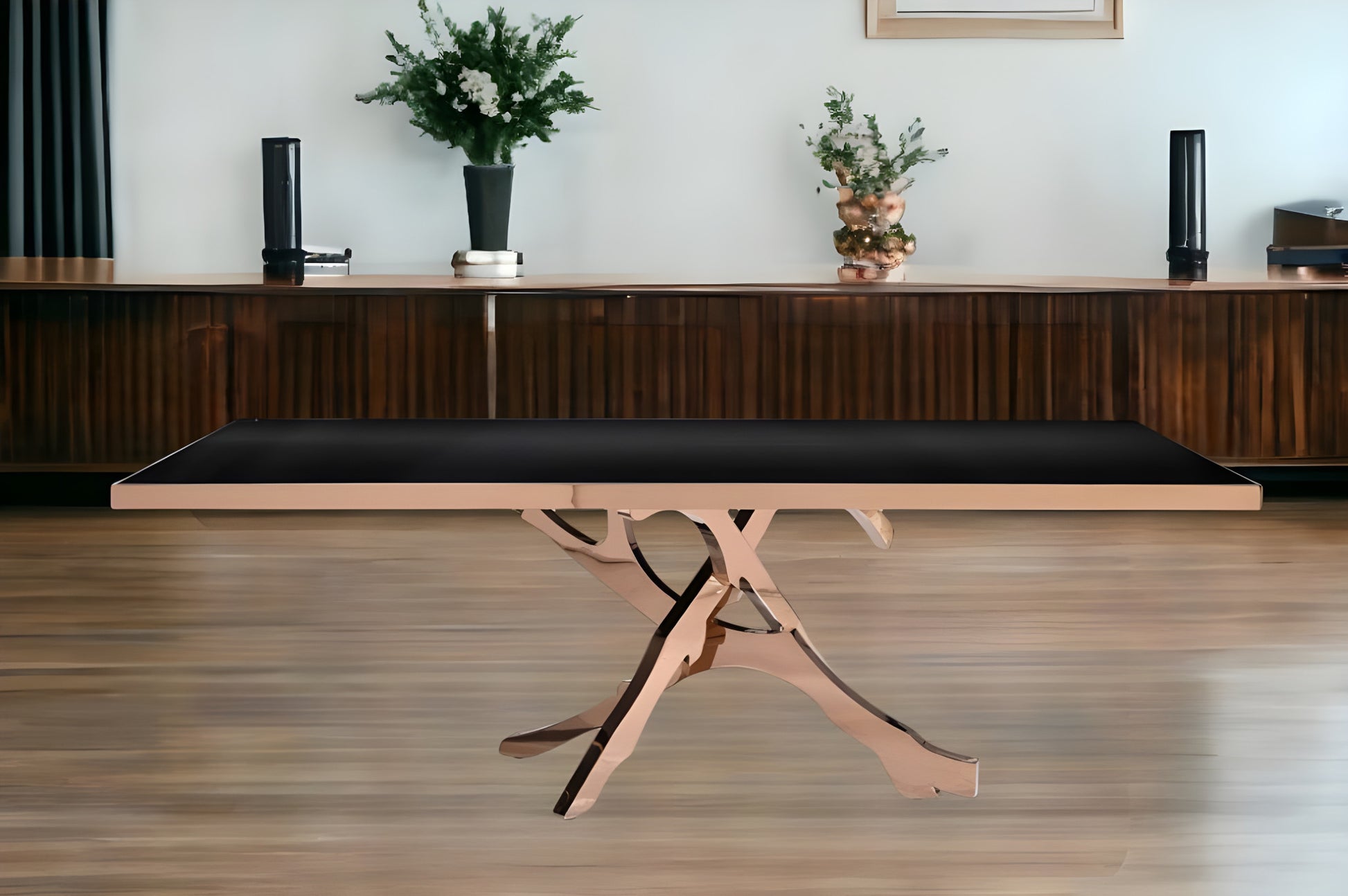 Black And Gold Glass And Stainless Steel Pedestal Base Dining Table By Homeroots | Dining Tables | Modishstore - 1