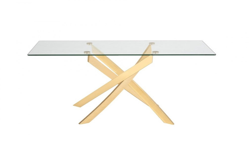Clear And Gold Rectangular Glass And Stainless Steel Dining Table By Homeroots | Dining Tables | Modishstore - 2