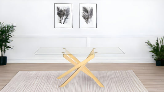 Clear And Gold Rectangular Glass And Stainless Steel Dining Table By Homeroots | Dining Tables | Modishstore - 1