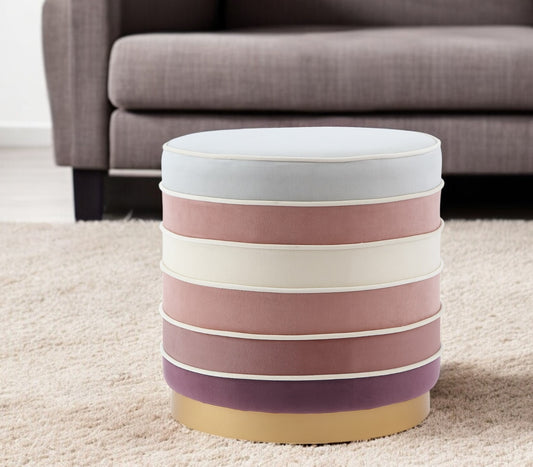 Blush Velvet And Gold Round Striped Ottoman By Homeroots | Ottomans | Modishstore - 1
