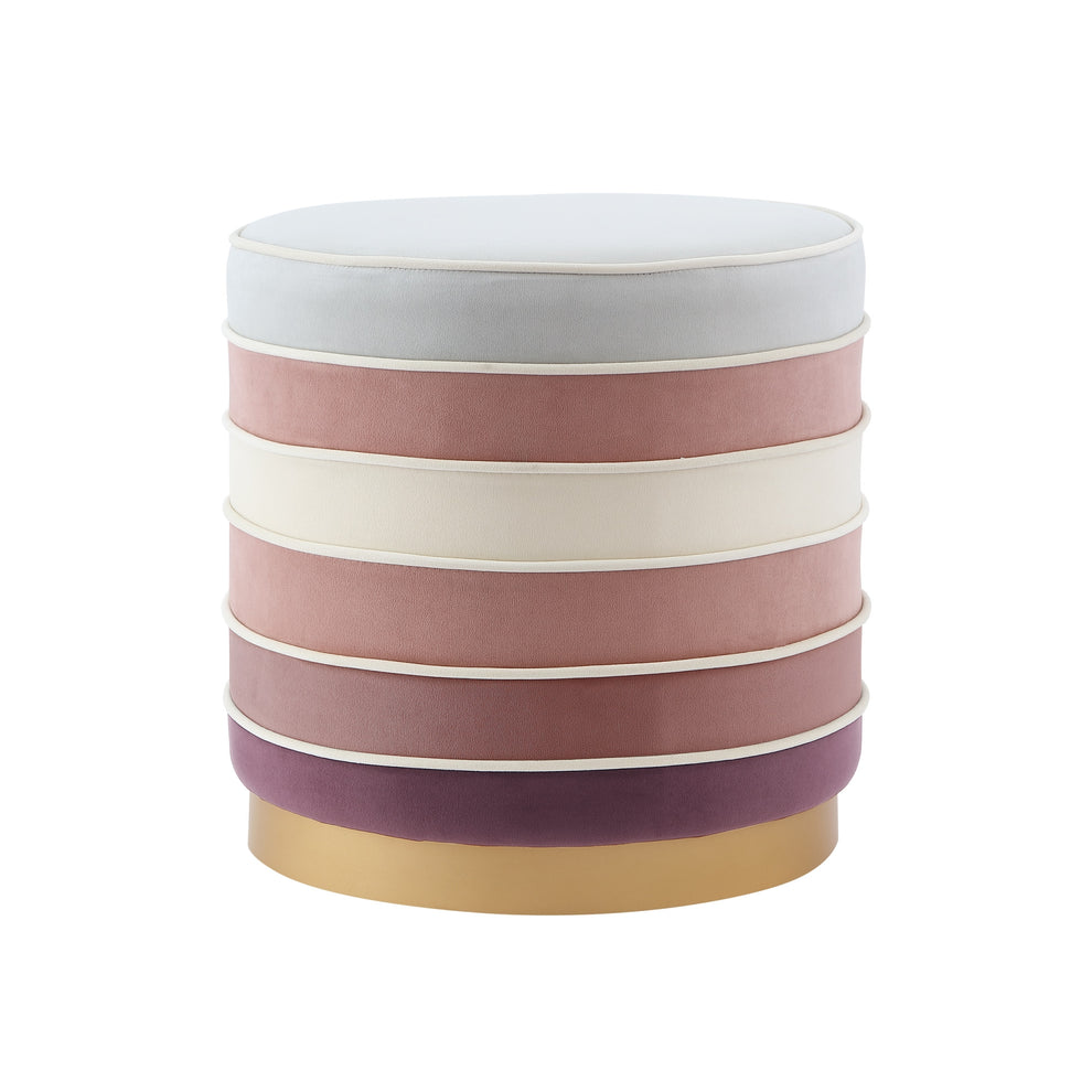 Blush Velvet And Gold Round Striped Ottoman By Homeroots | Ottomans | Modishstore - 2