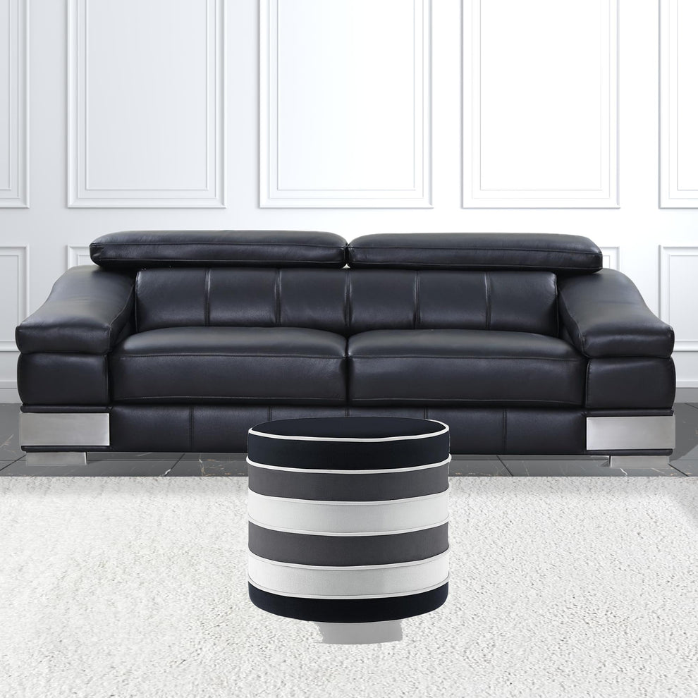 Black Velvet And Silver Round Striped Ottoman By Homeroots | Ottomans | Modishstore - 2
