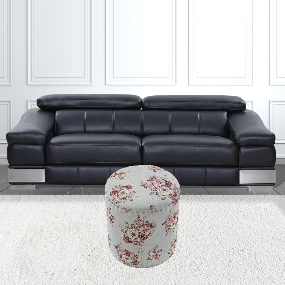 Pink Linen Round Floral Ottoman By Homeroots | Ottomans | Modishstore - 3