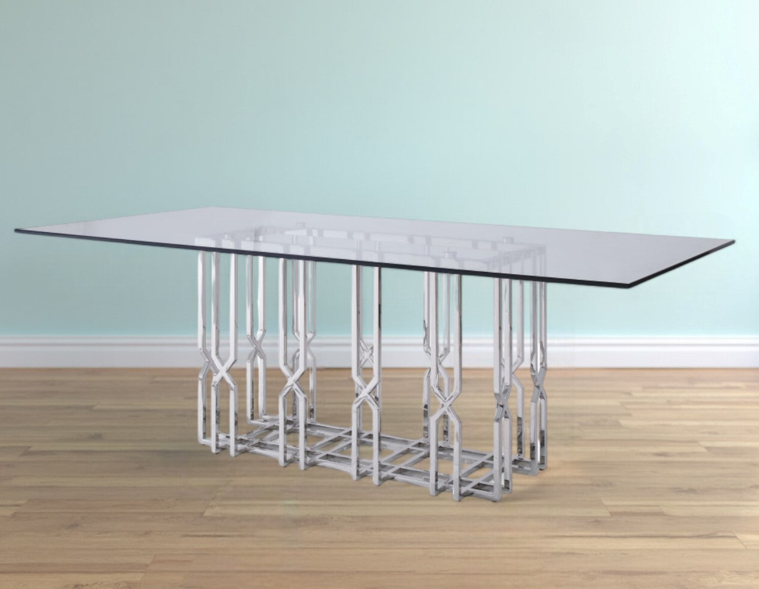 Clear And Silver Glass And Stainless Steel Pedestal Base Dining Table By Homeroots | Dining Tables | Modishstore - 1