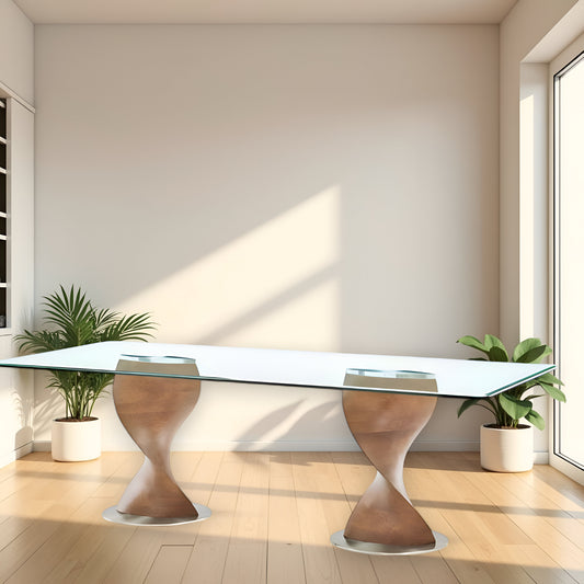 Clear And Brown Glass And Solid Wood Double Pedestal Base Dining Table By Homeroots | Dining Tables | Modishstore - 1