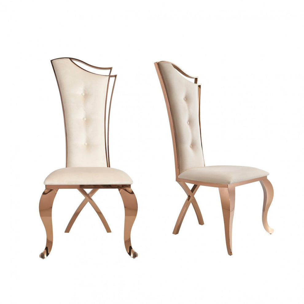 Set of Two Tufted Beige And Rose Gold Upholstered Velvet Dining Side Chairs By Homeroots | Dining Chairs | Modishstore - 5