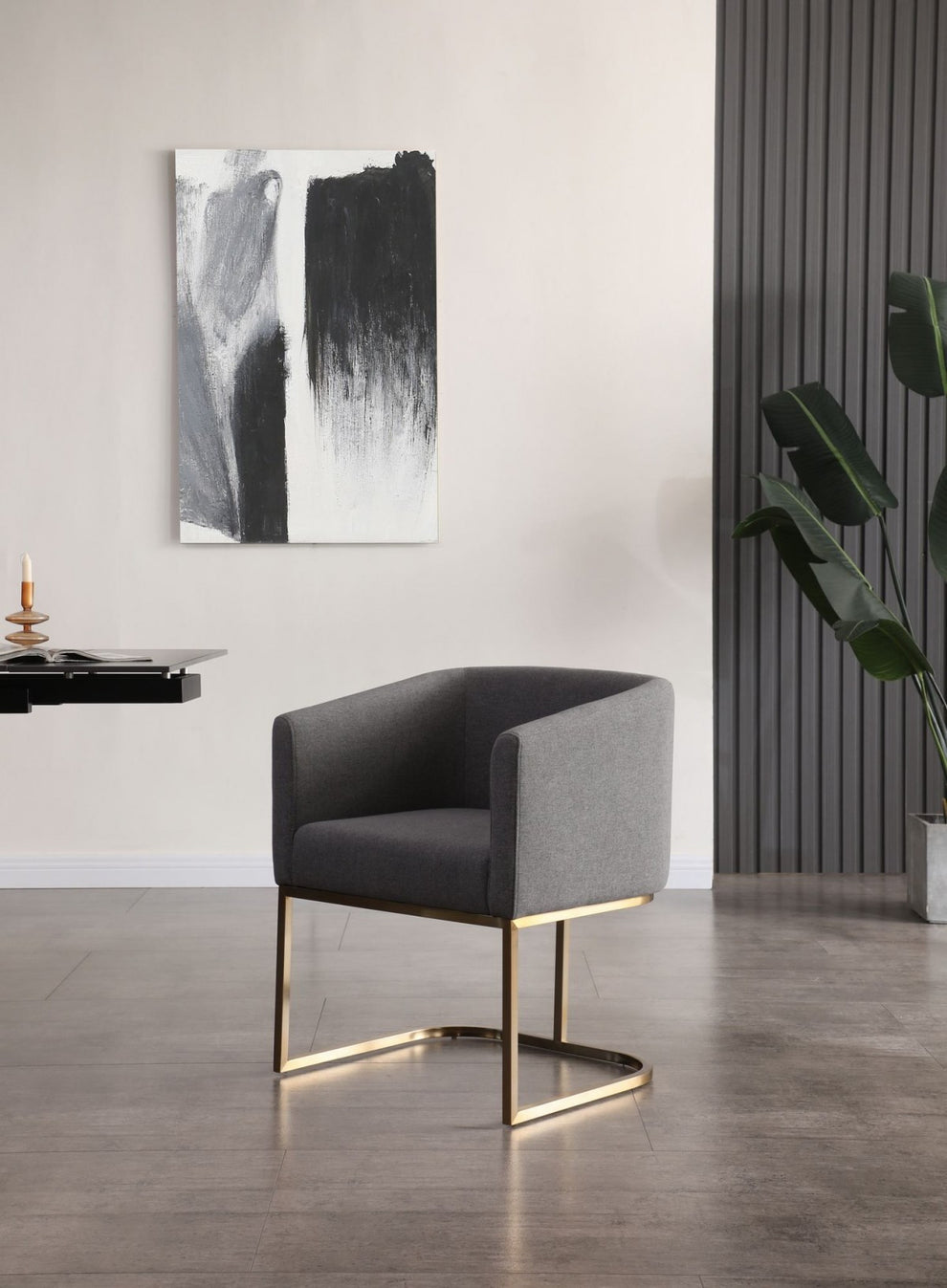 Dark Gray And Antiqued Brass Upholstered Fabric Dining Arm Chair By Homeroots | Dining Chairs | Modishstore - 8