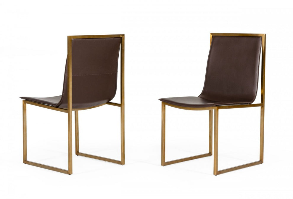 Set of Two Brown And Brass Upholstered Faux Leather Dining Side Chairs By Homeroots | Dining Chairs | Modishstore - 2