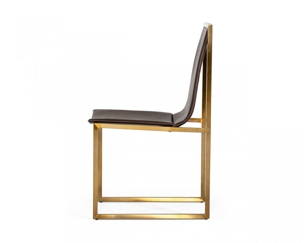Set of Two Brown And Brass Upholstered Faux Leather Dining Side Chairs By Homeroots | Dining Chairs | Modishstore - 4