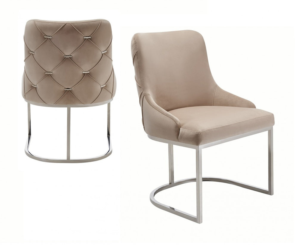 Set of Two Tufted Beige And Silver Upholstered Velvet Wing Back Dining Side Chairs By Homeroots | Dining Chairs | Modishstore - 2