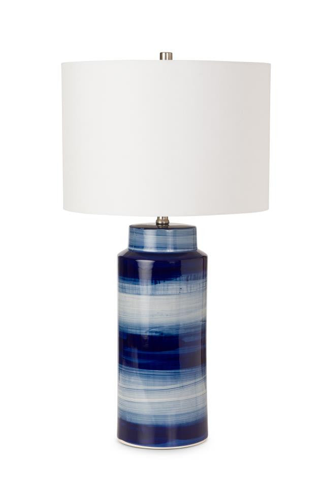 Set of Two Blue and White Ceramic Cylinder Table Lamps With White Drum Shade By Homeroots | Table Lamps | Modishstore - 2