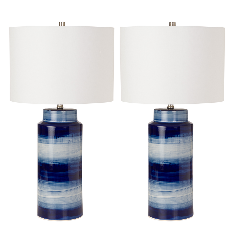 Set of Two Blue and White Ceramic Cylinder Table Lamps With White Drum Shade By Homeroots | Table Lamps | Modishstore - 3