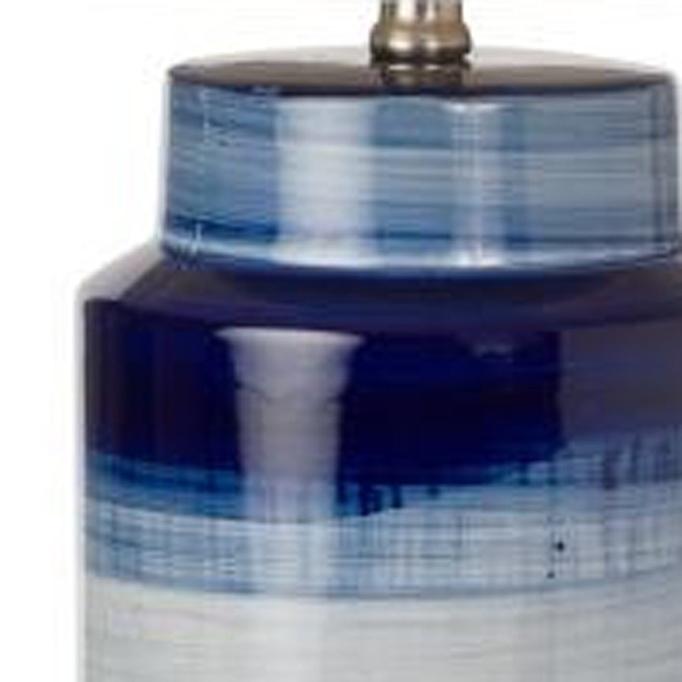Set of Two Blue and White Ceramic Cylinder Table Lamps With White Drum Shade By Homeroots | Table Lamps | Modishstore - 5
