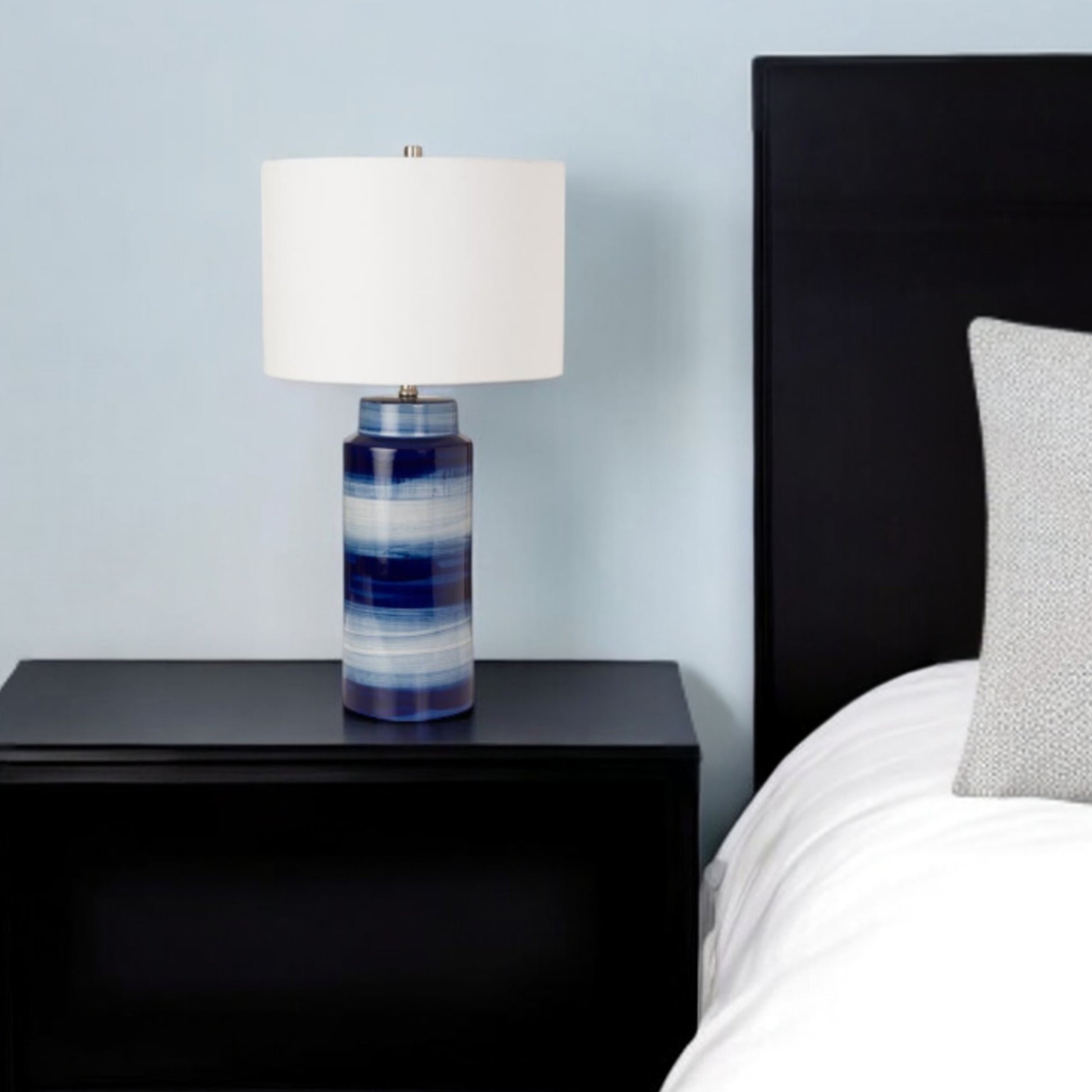 Set of Two Blue and White Ceramic Cylinder Table Lamps With White Drum Shade By Homeroots | Table Lamps | Modishstore - 1