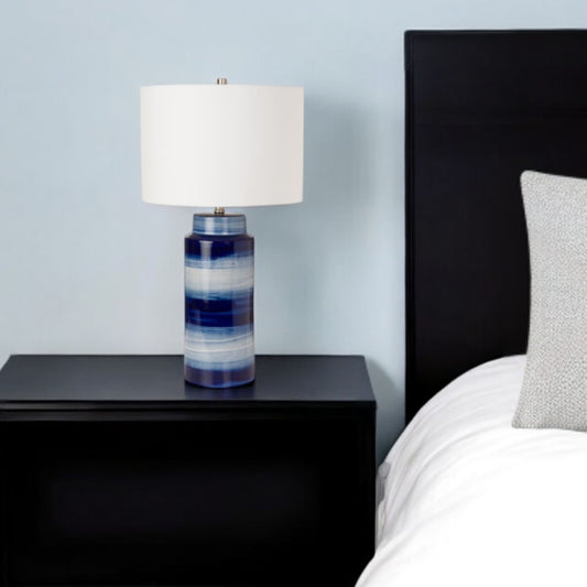 Set of Two Blue and White Ceramic Cylinder Table Lamps With White Drum Shade By Homeroots | Table Lamps | Modishstore - 1