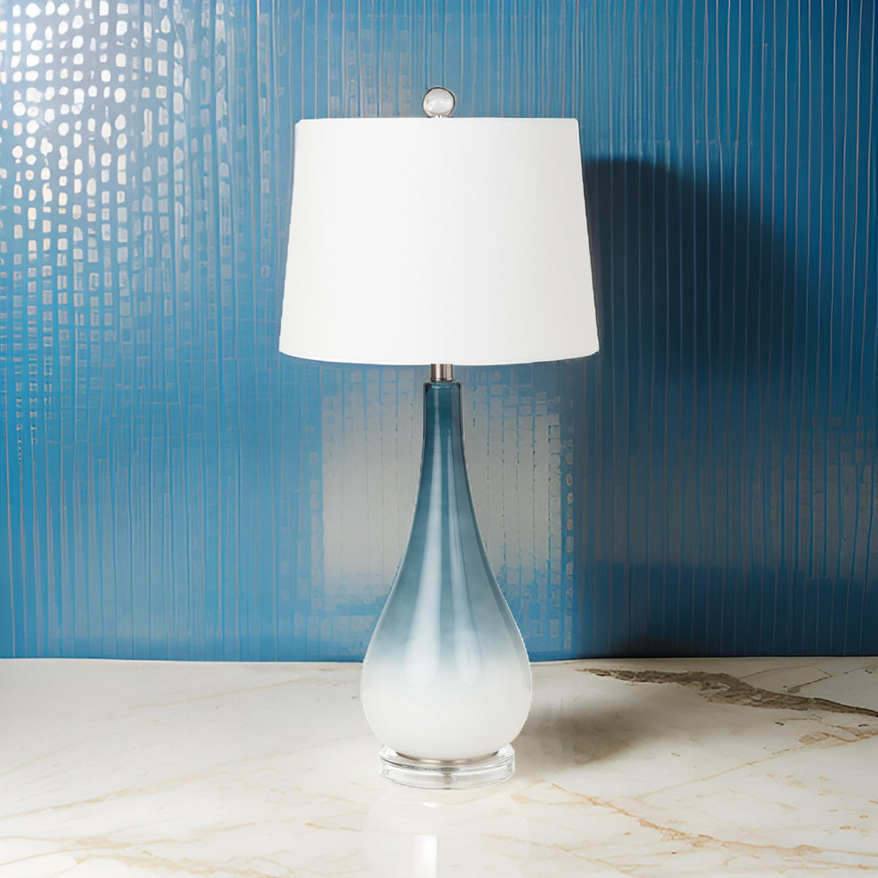 Set of Two Blue and White Glass Table Lamps With White Empire Shade By Homeroots | Table Lamps | Modishstore - 7