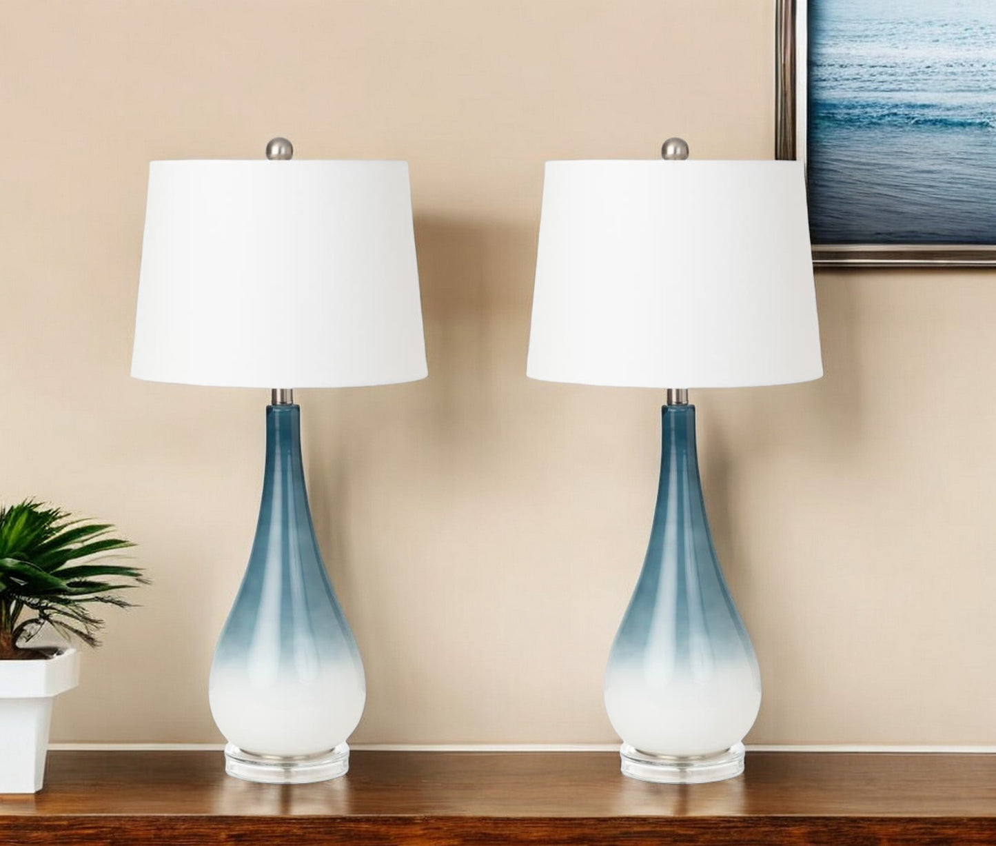 Set of Two Blue and White Glass Table Lamps With White Empire Shade By Homeroots | Table Lamps | Modishstore - 1