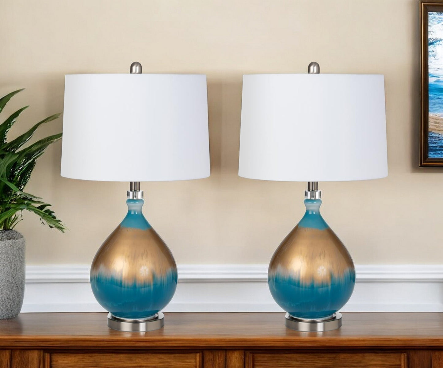 Set of Two Blue and Gold Ombre Glass Table Lamps With White Empire Shade By Homeroots | Table Lamps | Modishstore - 2