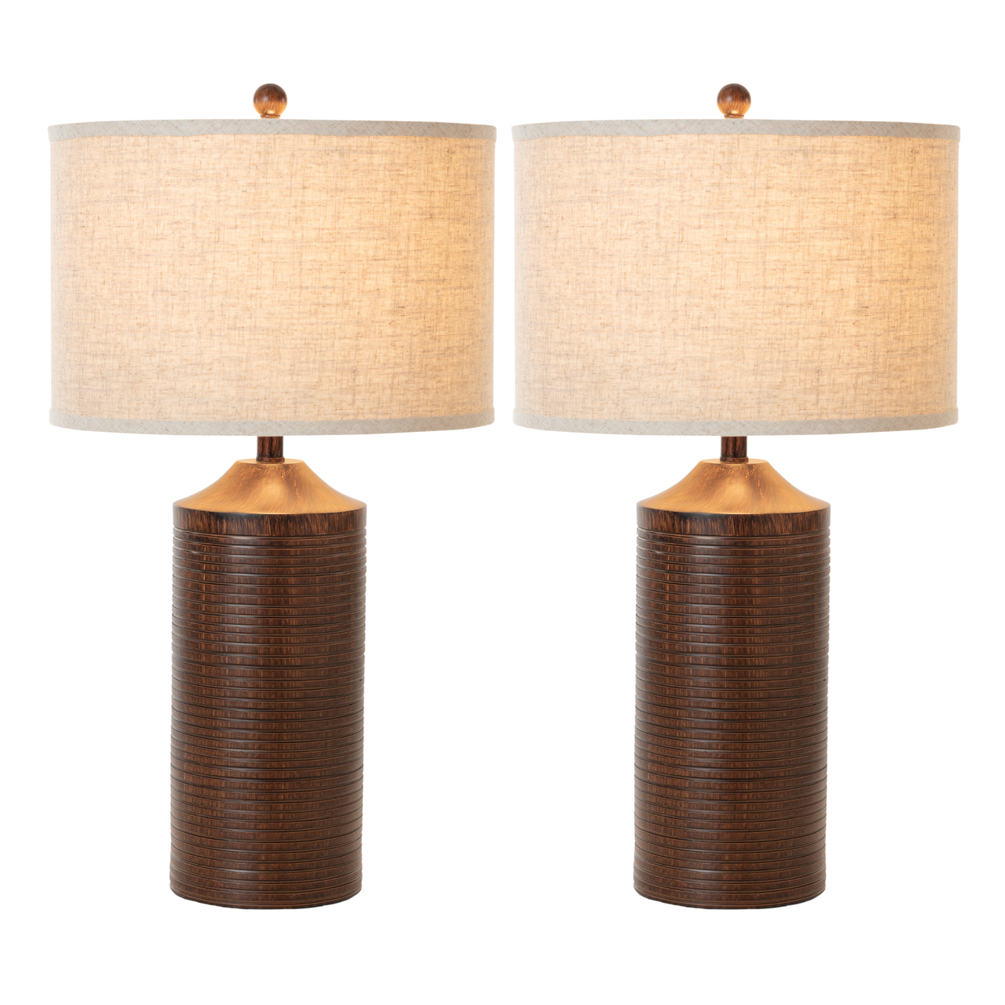 Set of Two Distressed Brown Table Lamp USB With Beige Drum Shade By Homeroots | Table Lamps | Modishstore - 3