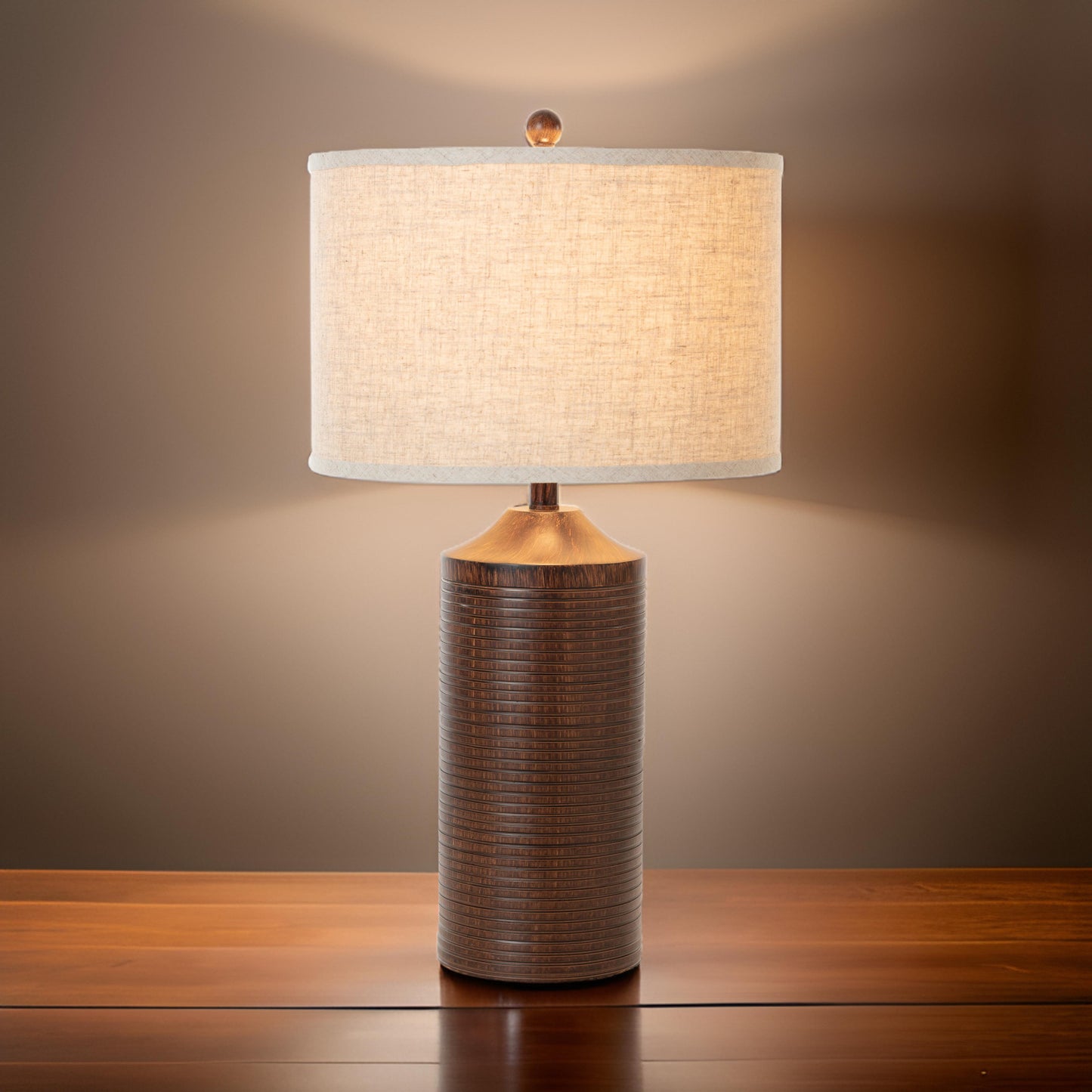 Set of Two Distressed Brown Table Lamp USB With Beige Drum Shade By Homeroots | Table Lamps | Modishstore - 6