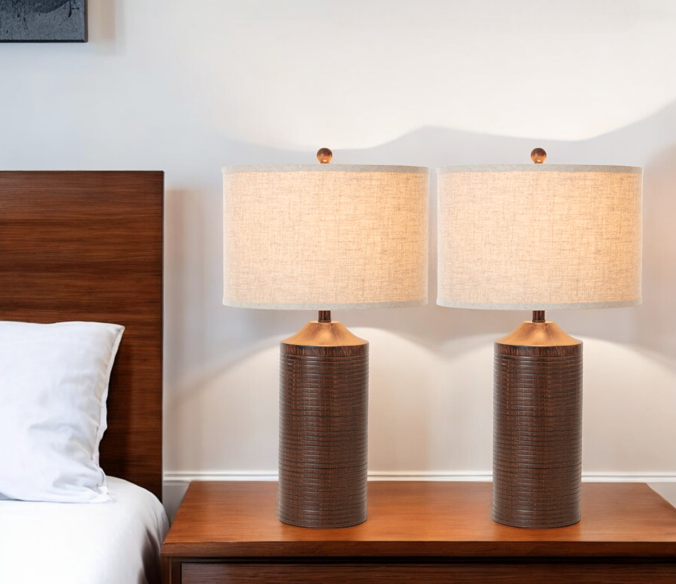 Set of Two Distressed Brown Table Lamp USB With Beige Drum Shade By Homeroots | Table Lamps | Modishstore - 1