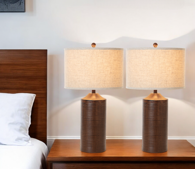 Set of Two Distressed Brown Table Lamp USB With Beige Drum Shade By Homeroots | Table Lamps | Modishstore - 1