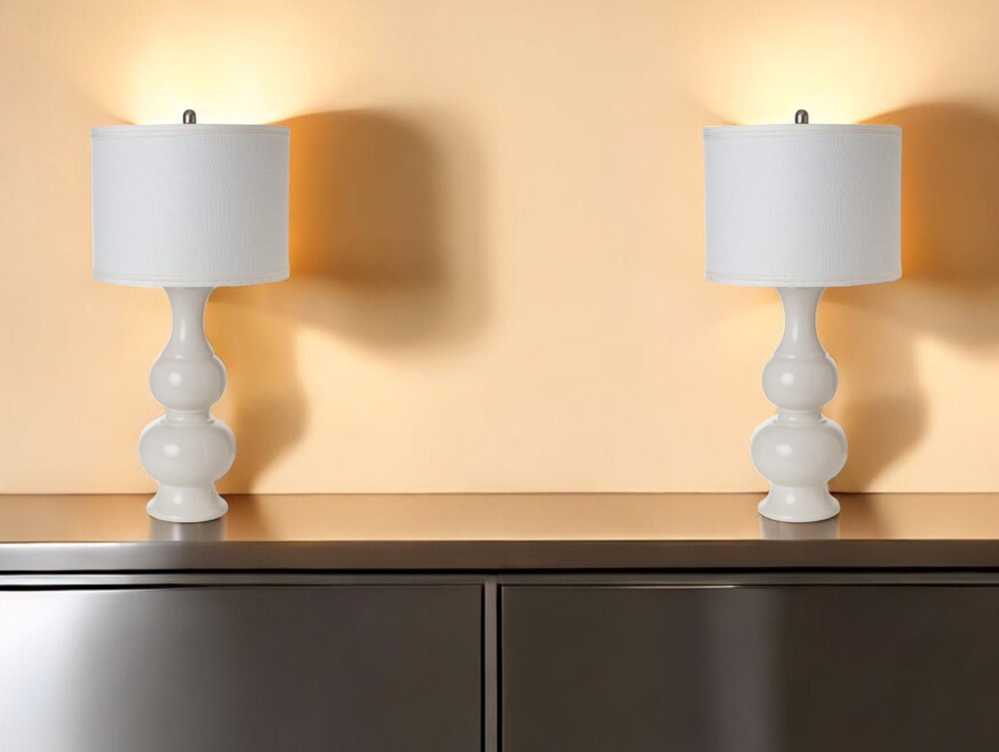 Set of Two Off White Ceramic Gourd Table Lamp With Off White Drum Shade By Homeroots | Table Lamps | Modishstore - 1