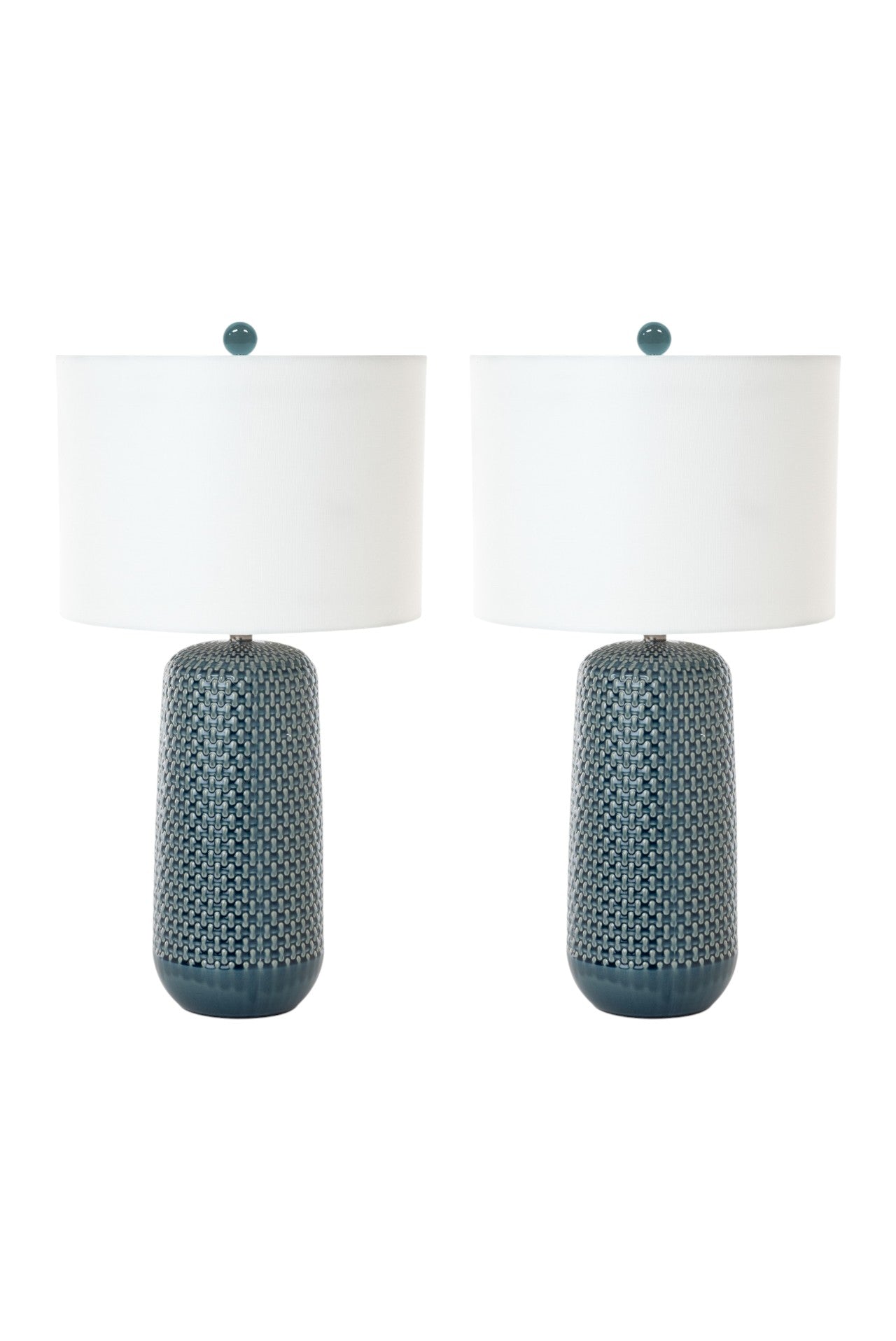 Set of Two Blue Ceramic Geometric Table Lamp With White Drum Shade By Homeroots | Table Lamps | Modishstore - 3