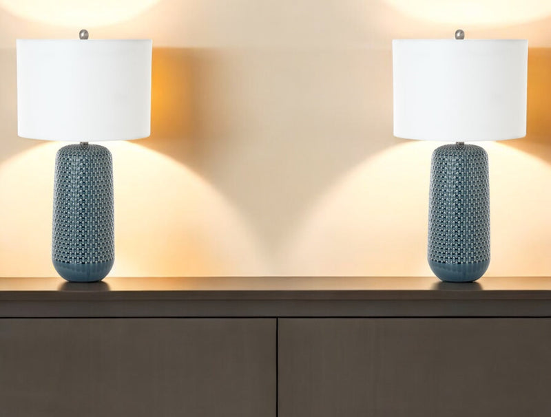 Set of Two Blue Ceramic Geometric Table Lamp With White Drum Shade By Homeroots | Table Lamps | Modishstore - 1