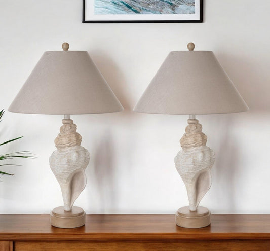 Set of Two Beige and Brown Novelty Table Lamp Coastal With Tan Empire Shade By Homeroots | Table Lamps | Modishstore - 1