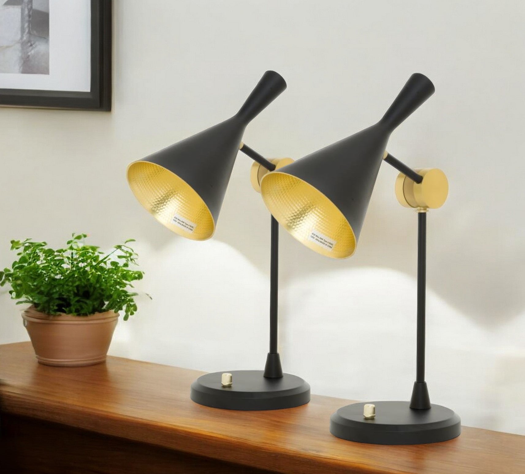 Set of Two Black Metal Geometric Desk Table Lamps With Black and Gold Cone Shade By Homeroots | Table Lamps | Modishstore - 1