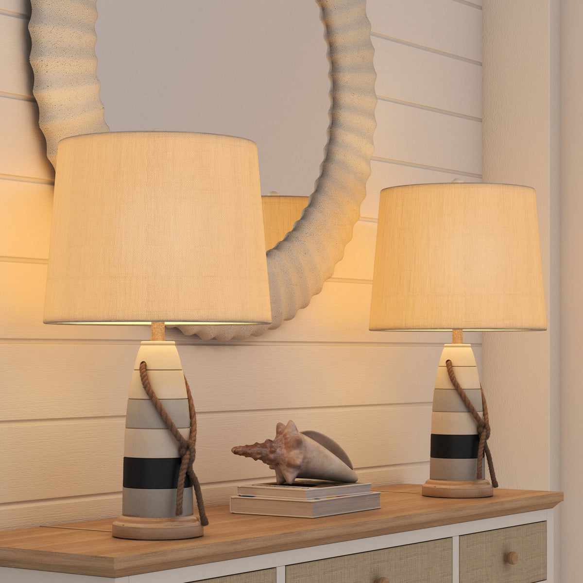 Set of Two Natural White and Blue Novelty Table Lamp Coastal With Off White Empire Shade By Homeroots | Table Lamps | Modishstore - 7