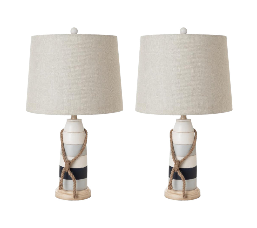 Set of Two Natural White and Blue Novelty Table Lamp Coastal With Off White Empire Shade By Homeroots | Table Lamps | Modishstore - 4