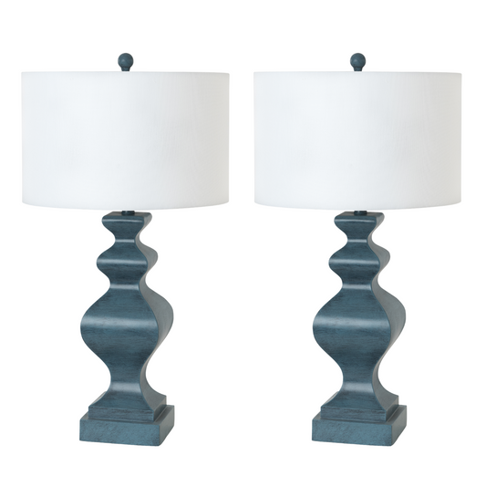 Set of Two Distressed Teal Table Lamps With White Drum Shade By Homeroots | Table Lamps | Modishstore - 1